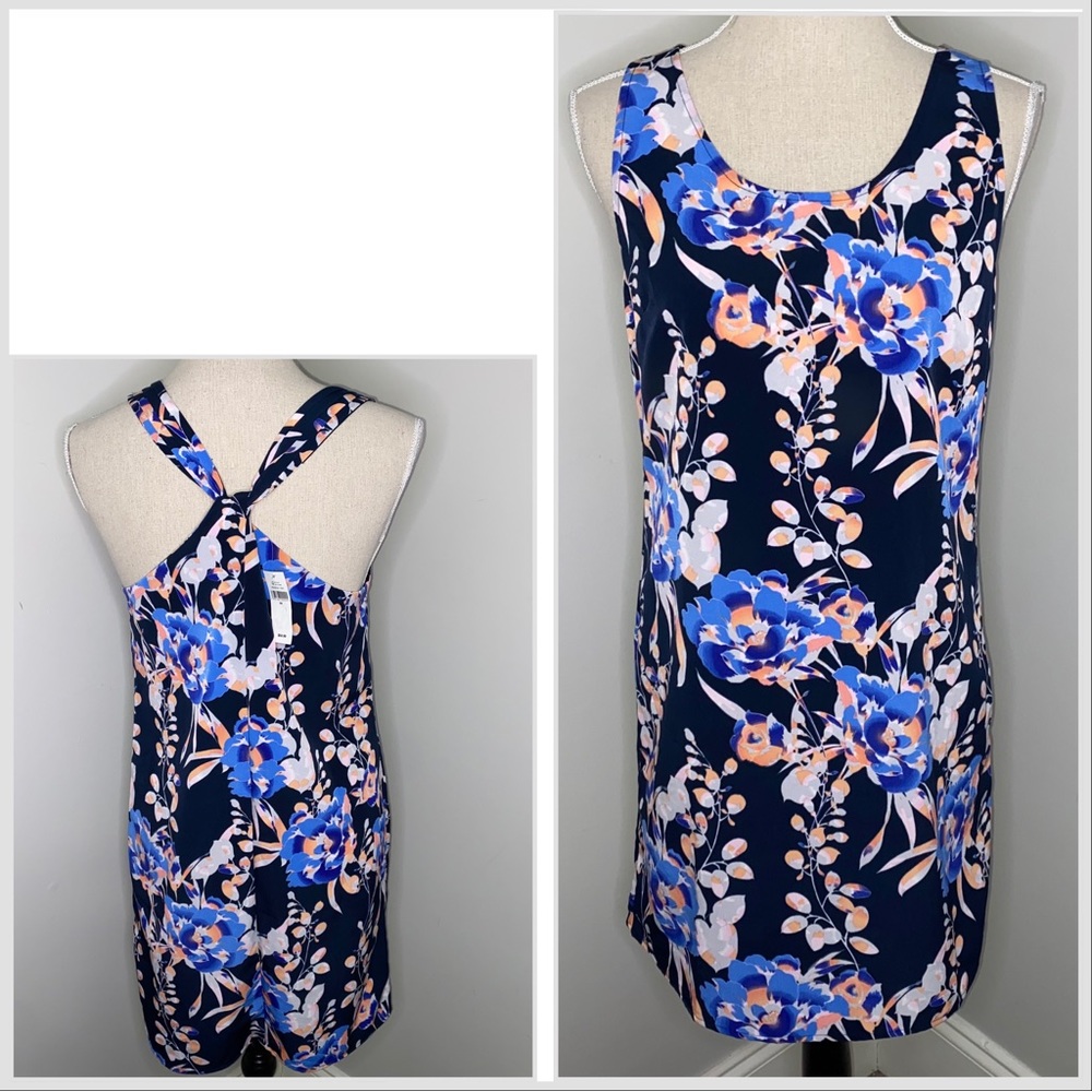 Gap NEW navy blue floral sleeveless twist back shift dress size XS